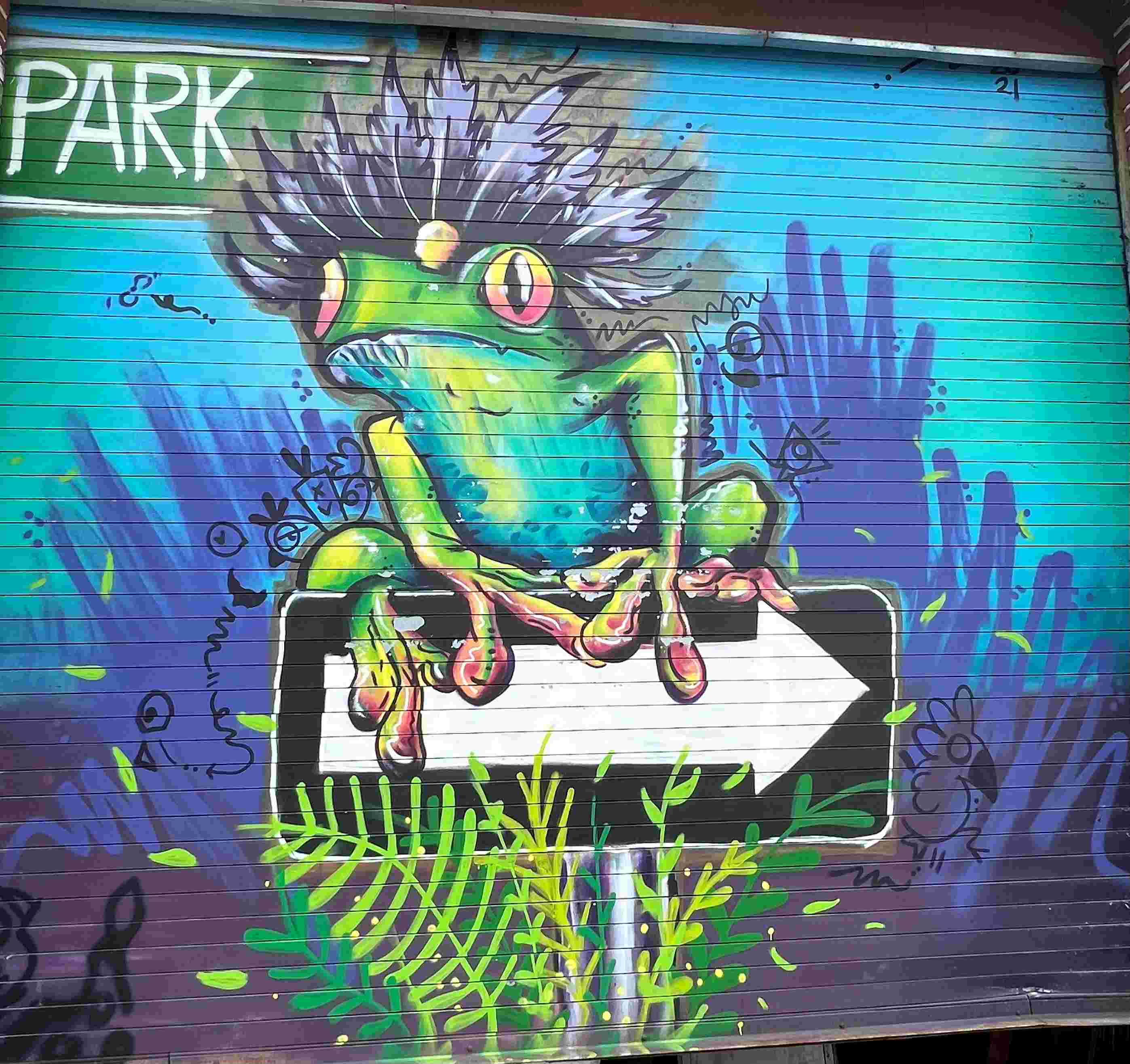 Bright green and blue art with the word PARK and a frog with purple feathers for hair staring on an arrow sign